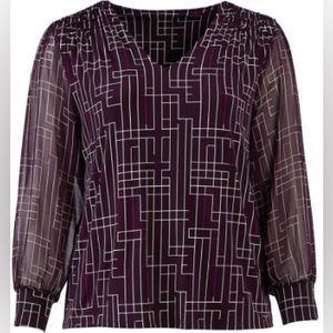 Calvin Klein Purple Geo Print VNeck Chiffon Cuff Sleeve Top XL